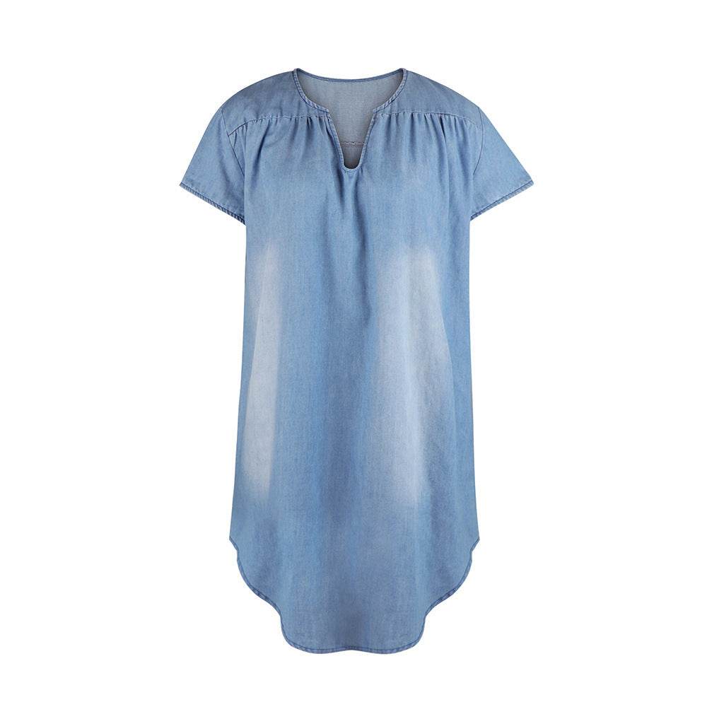 Round Neck Pleated Loose Solid Color Casual Plus Size Denim Dress - Mubimart