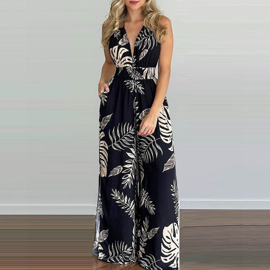 Printed Suspender Dress Plus Size Loose Jumpsuit - Mubimart