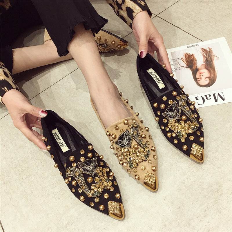 Women's Rhinestone Pointed Toe Rivet Flat Shoes - Mubimart