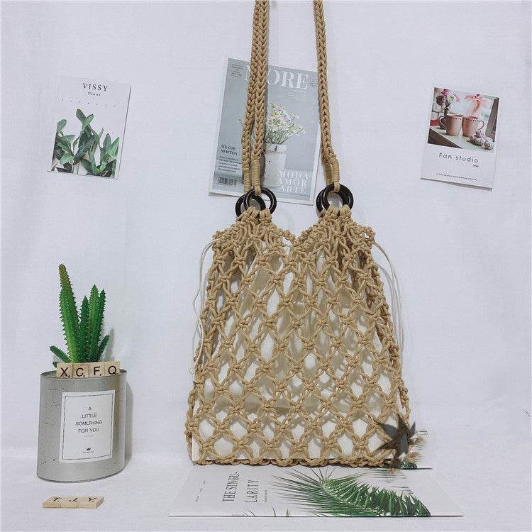 Women One Shoulder Hand Straw Beach Bag - Mubimart