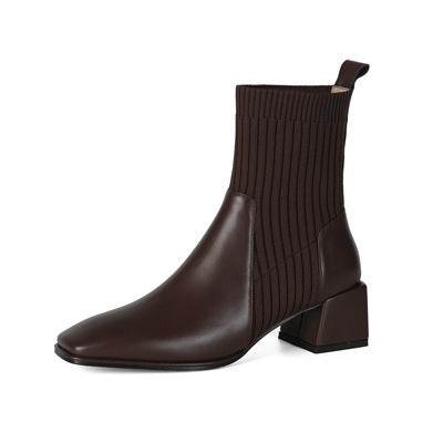 Chunky Heel Square Toe Knit Martin Boots - Mubimart