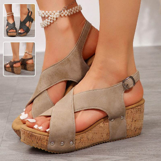 Women's Rivet Wedges Snadals Thick Bottom Fish Mouth Shoes Summer - Mubimart