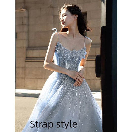 Graduation Banquet Performance With Blue Suspender Evening Dress - Mubimart