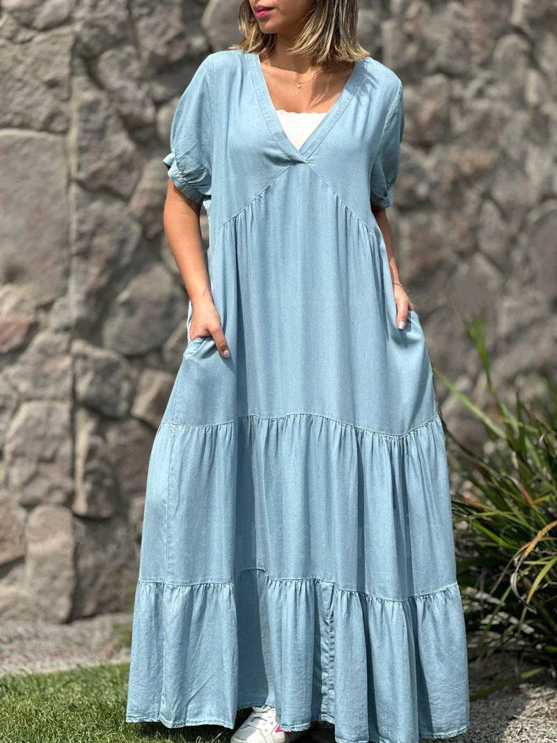 European And American Plus Size Women's Clothes Faux Denim Solid Color And V-neck Long Dress - Mubimart