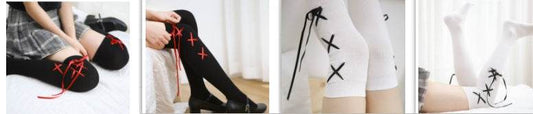 Over The Knee Socks Black And White Cross Ribbon Thigh Socks Female High Socks - Mubimart
