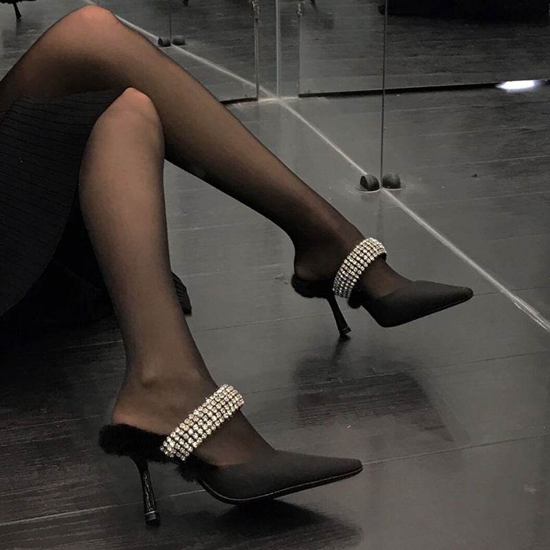 Rhinestone Pointed Toe High-heeled Stiletto-heeled Mules With Fur - Mubimart