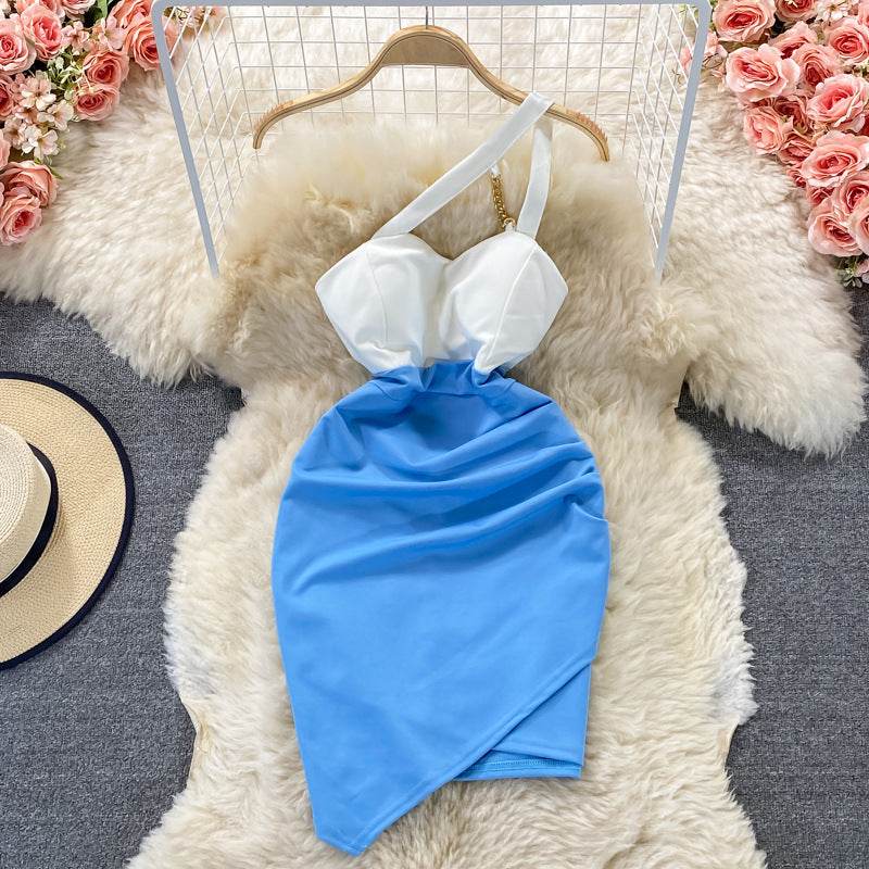 One Shoulder Slip Dress Temperament Irregular Dress - Mubimart