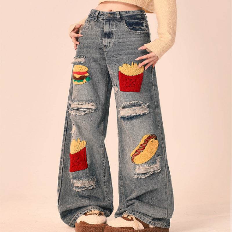 Ripped Jeans Women Loose Straight Wide Leg Oversized Trousers - Mubimart