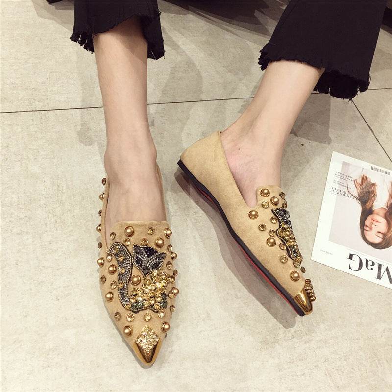Women's Rhinestone Pointed Toe Rivet Flat Shoes - Mubimart