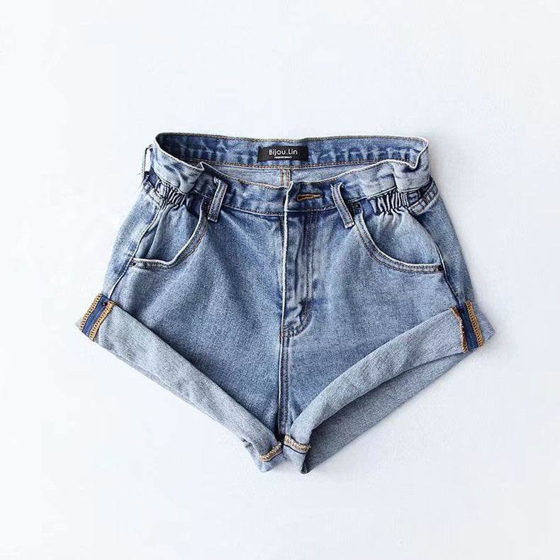Fashion Five-color Elastic Waist Rolled Edge Denim Shorts Women - Mubimart