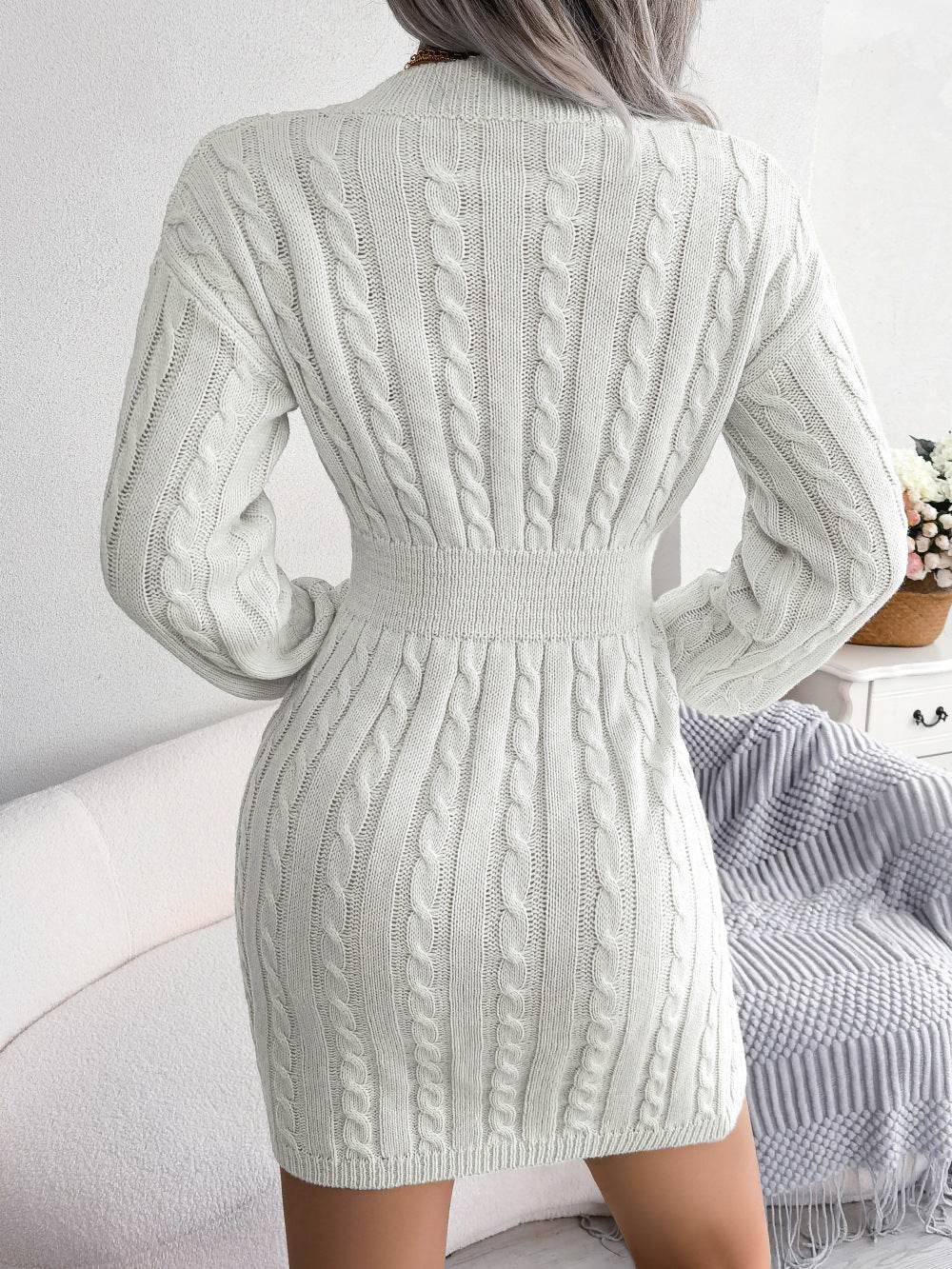 Solid Color V-Neck Long Sleeve Knit Dress Ins Fashion Slim Waisted Hip Dress Womens Clothing - Mubimart