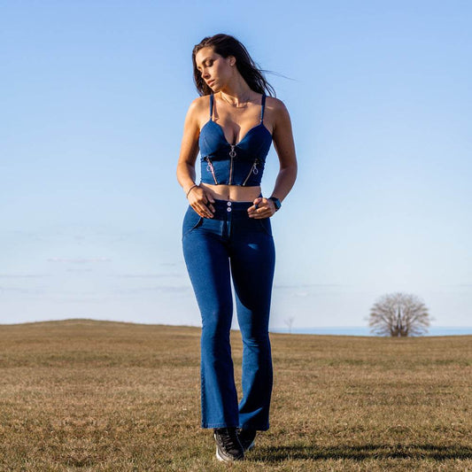 Shascullfites Women's Suit Dark Blue Bodysuit Zipper Push Up Top Middle Waist Flare Jeans Women 2 Pieces Pant Sets - Mubimart