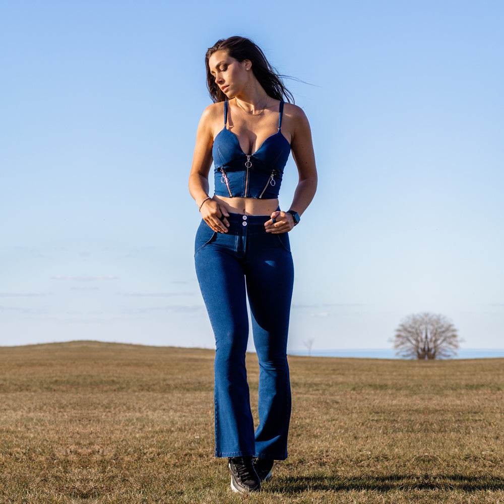 Shascullfites Women's Suit Dark Blue Bodysuit Zipper Push Up Top Middle Waist Flare Jeans Women 2 Pieces Pant Sets - Mubimart