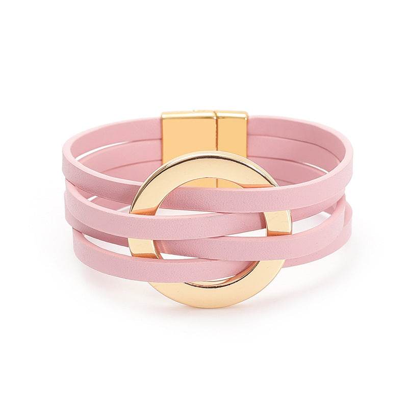 Cross Leather Women Bracelet Metal Big Ring Cuff Bangle Multi-layer Wristband Magnetic Snap Bangle - Mubimart
