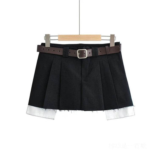 Fake Two-piece Low-waisted Workwear Pleated Skirt - Mubimart