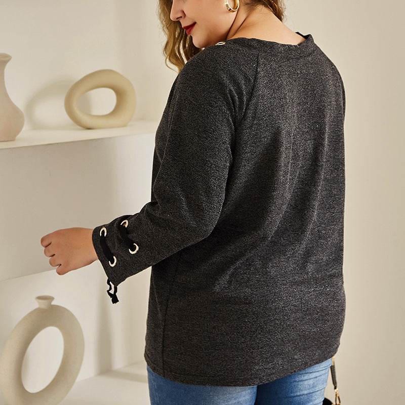 Round Neck T-shirt Plus Fat Plus Size Knitted Top - Mubimart