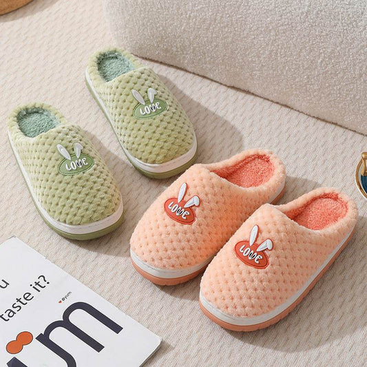 Cute Rabbit Plaid Design Home Slippers Winter Warm Thick-soled Cotton House Shoes For Women Indoor Non-slip Solid Couple Plush Slipper - Mubimart