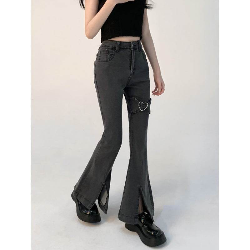 Women's Love Design Sensation Niche Slit Jeans Micro Flare - Mubimart