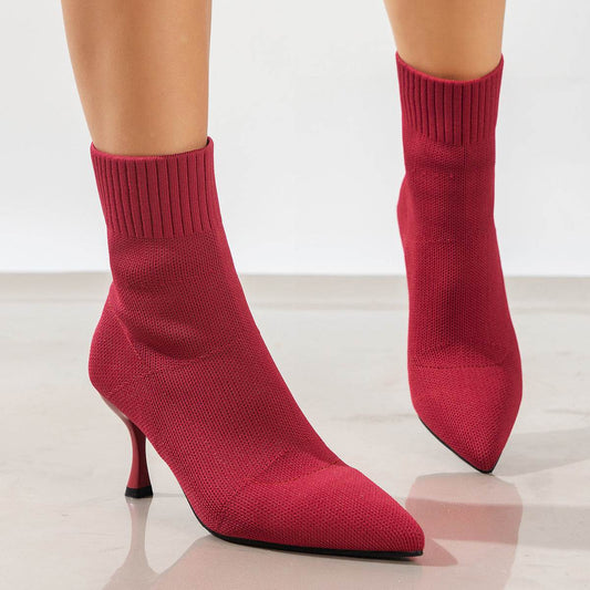 Fashion Pointed Toe Stilettos Ankle Boots Knitted Fly-woven Elastic Boots Autumn And Winter Thin-heel Luxury Pumps Woman - Mubimart