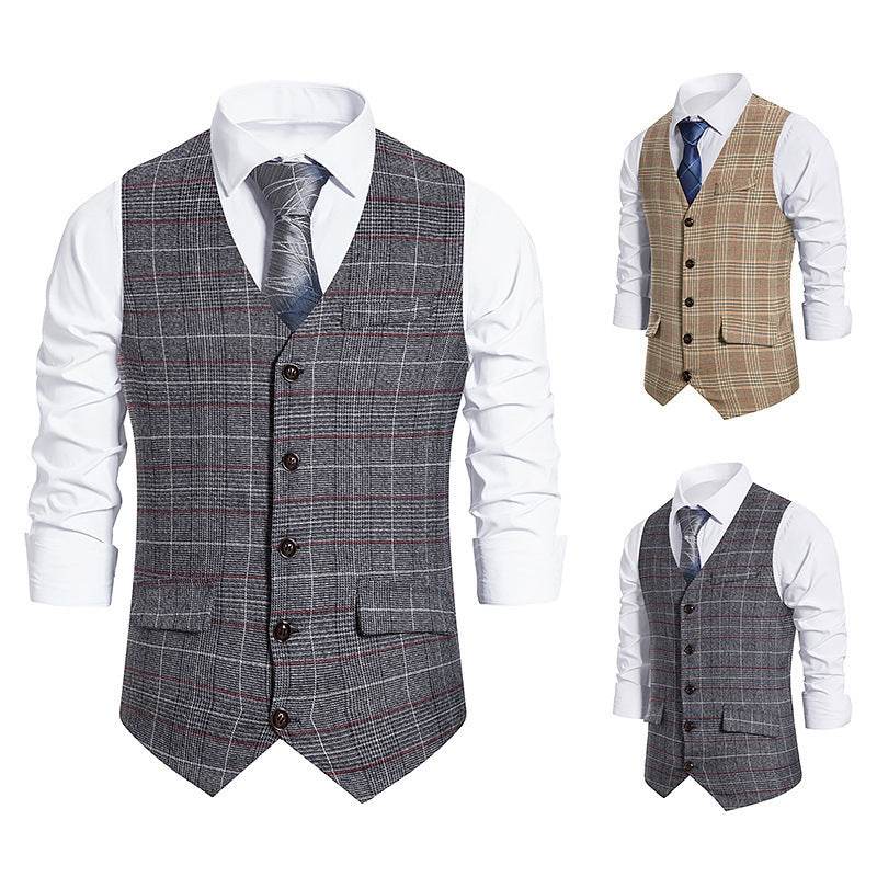 Men's Plaid Single Breasted Vest Style Suit - Mubimart