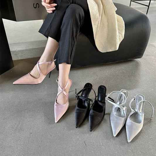 Elegant Pointed Toe Spring And Summer Light Satin Sandals Cross Strap Kitten Women's High Heels - Mubimart