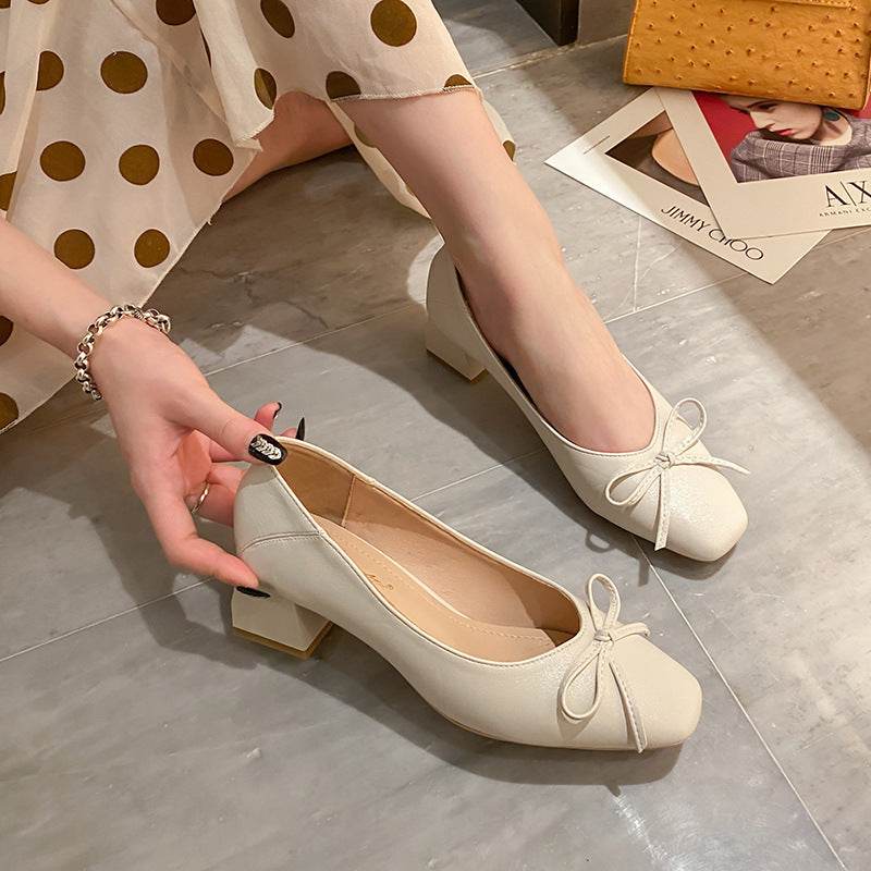 Women's Thick Heel Pumps Soft Leather Shoes - Mubimart