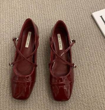 Women's Red Cross Buckle Mary Jane Shoes - Mubimart