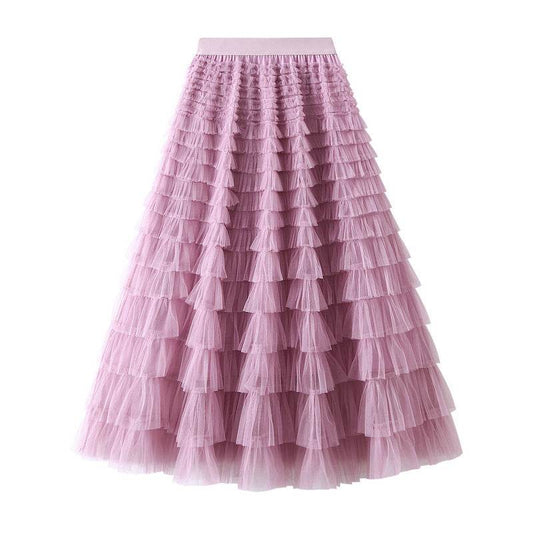 A-Line Mesh Ruffle Skirt Women's Temperament Sweet Long Skirt Slim Cupcake Dress Womens Clothing - Mubimart