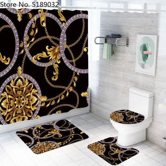 A Set Of 4 Hollow-Shaped Shower Curtains With Bath Mats Toilet Lids, Waterproof Floor Mats Retro Style Shower Curtains - Mubimart