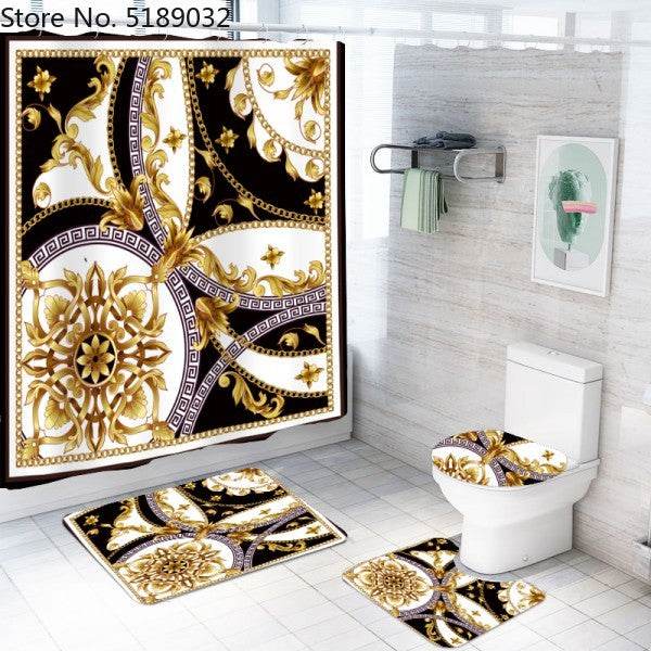 A Set Of 4 Hollow-Shaped Shower Curtains With Bath Mats Toilet Lids, Waterproof Floor Mats Retro Style Shower Curtains - Mubimart