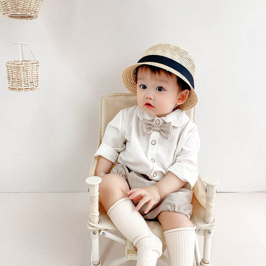 Baby Boy Autumn Clothes Suit 0-3 Years Old Baby Solid Color Long-sleeved Shirt Shorts Two-piece Set One Year Old Celebration Dress - Mubimart