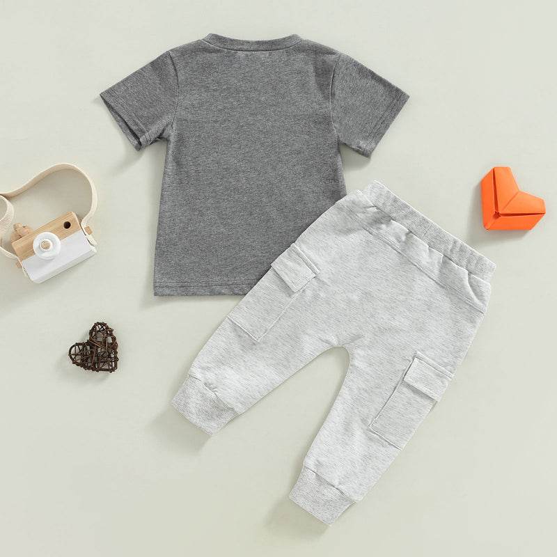 Baby Boy Short Sleeve Monogram Print T-shirt Gray Summer Clothing Set - Mubimart