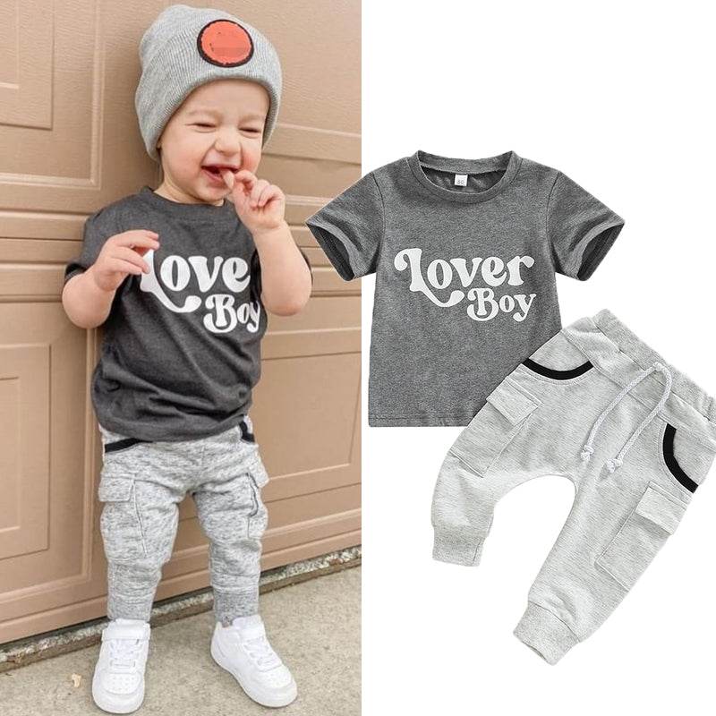 Baby Boy Short Sleeve Monogram Print T-shirt Gray Summer Clothing Set - Mubimart