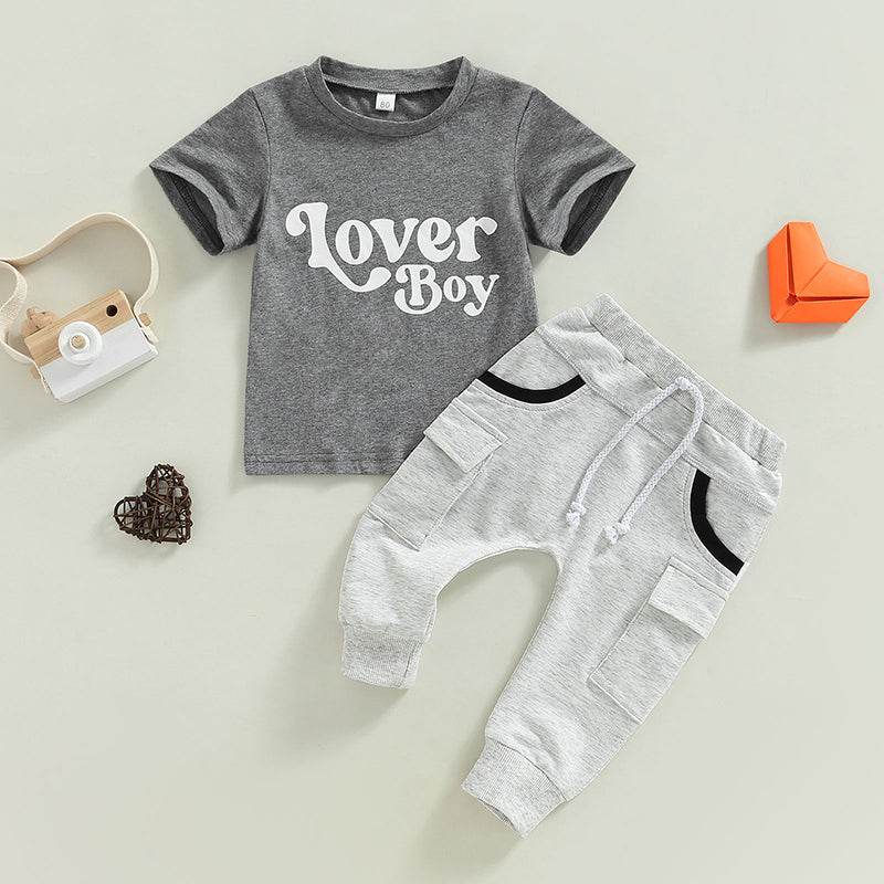 Baby Boy Short Sleeve Monogram Print T-shirt Gray Summer Clothing Set - Mubimart