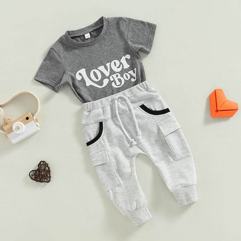 Baby Boy Short Sleeve Monogram Print T-shirt Gray Summer Clothing Set - Mubimart