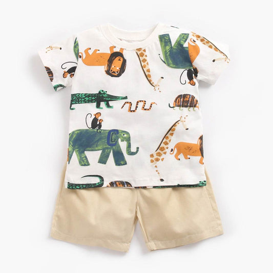 Baby Clothes Korean Children'S Clothing Baby Boy Animal Print Short Sleeve T-Shirt Shorts Two Piece Set Summer - Mubimart