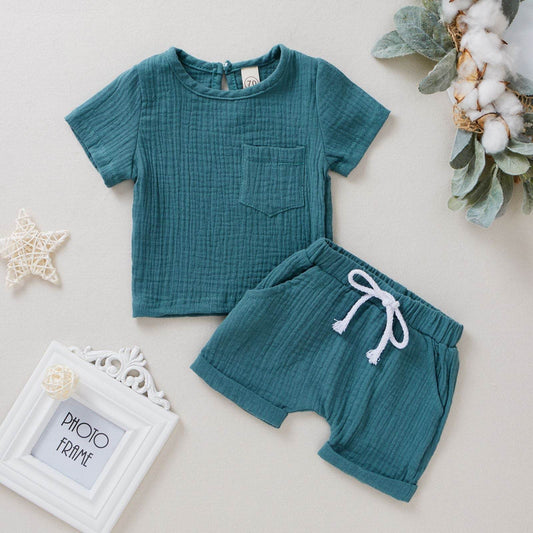 Baby Cotton Double Wrinkle Short Sleeve Shorts Two Piece Set - Mubimart