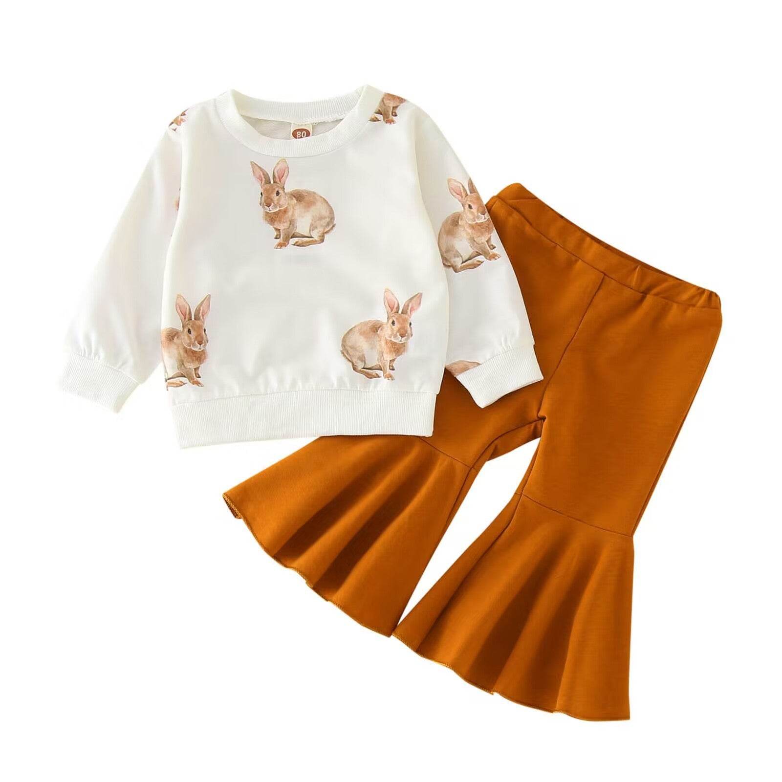 Baby Girl Long Sleeve Crew Neck Sweater Bell-bottom Pants Two-piece Set - Mubimart