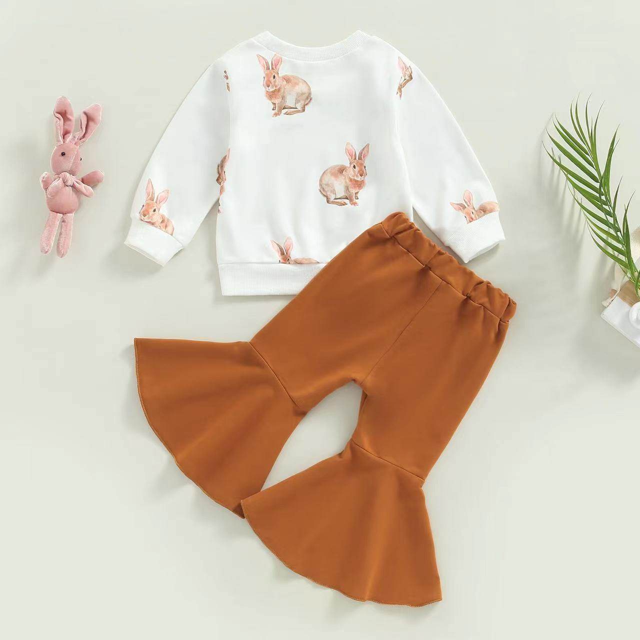 Baby Girl Long Sleeve Crew Neck Sweater Bell-bottom Pants Two-piece Set - Mubimart