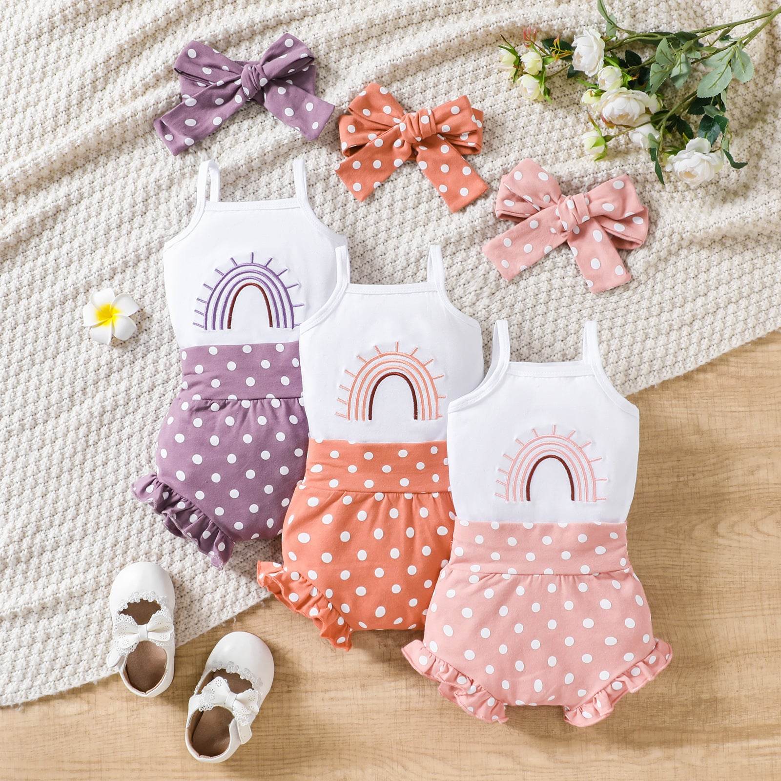 Baby Girl Rainbow Embroidered Slip Top Shorts Three-piece Set - Mubimart