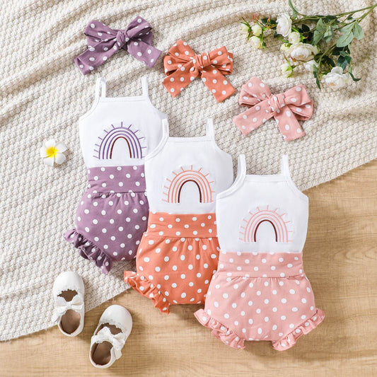 Baby Girl Rainbow Embroidered Slip Top Shorts Three-piece Set - Mubimart