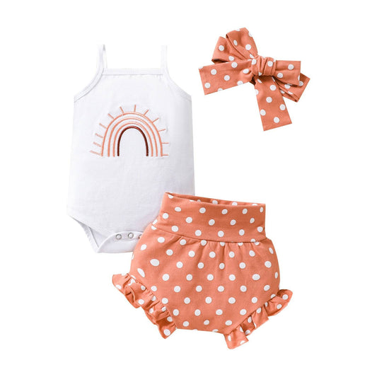 Baby Girl Rainbow Embroidered Slip Top Shorts Three-piece Set - Mubimart