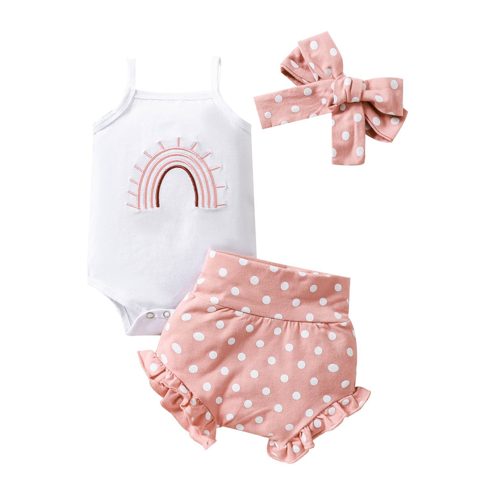 Baby Girl Rainbow Embroidered Slip Top Shorts Three-piece Set - Mubimart
