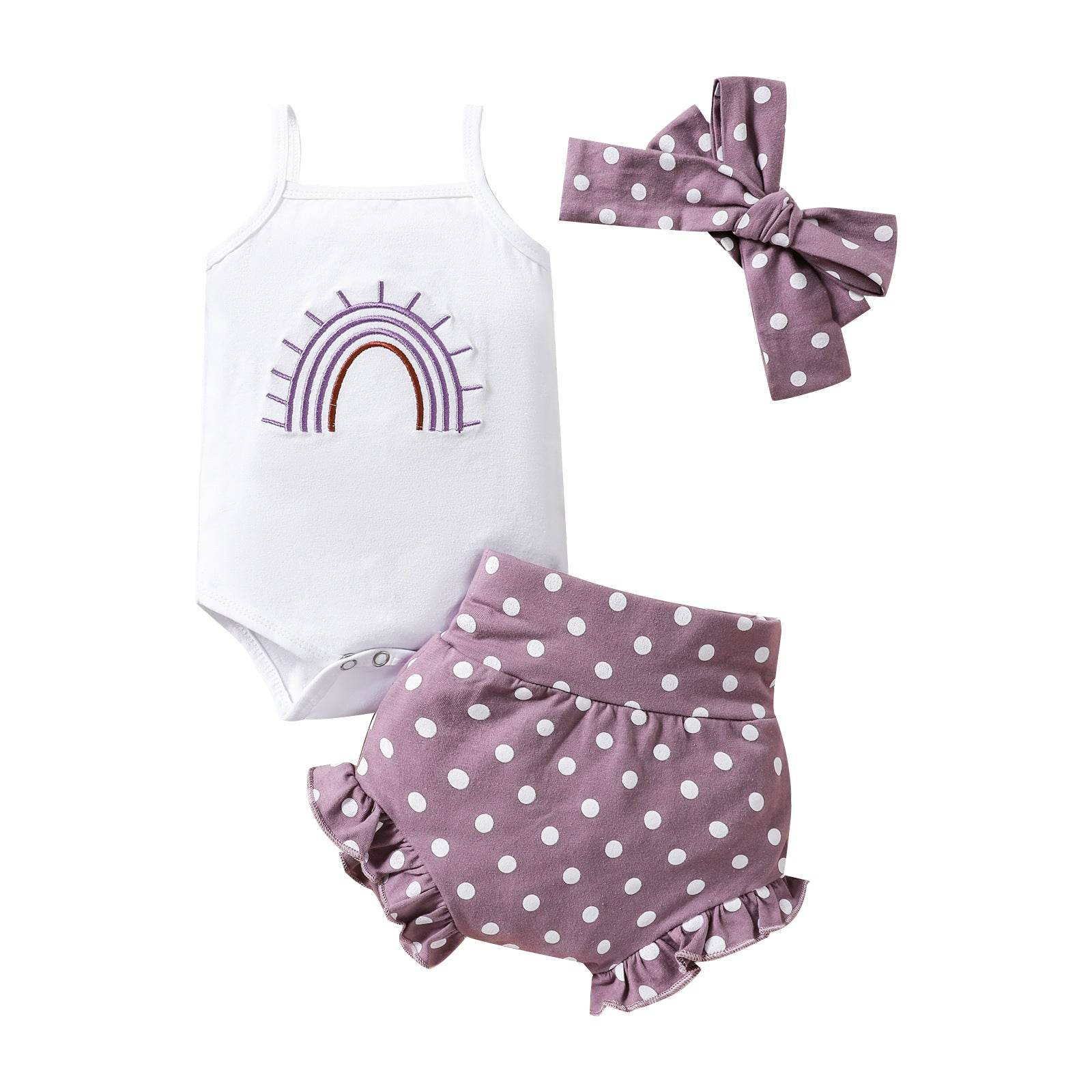 Baby Girl Rainbow Embroidered Slip Top Shorts Three-piece Set - Mubimart