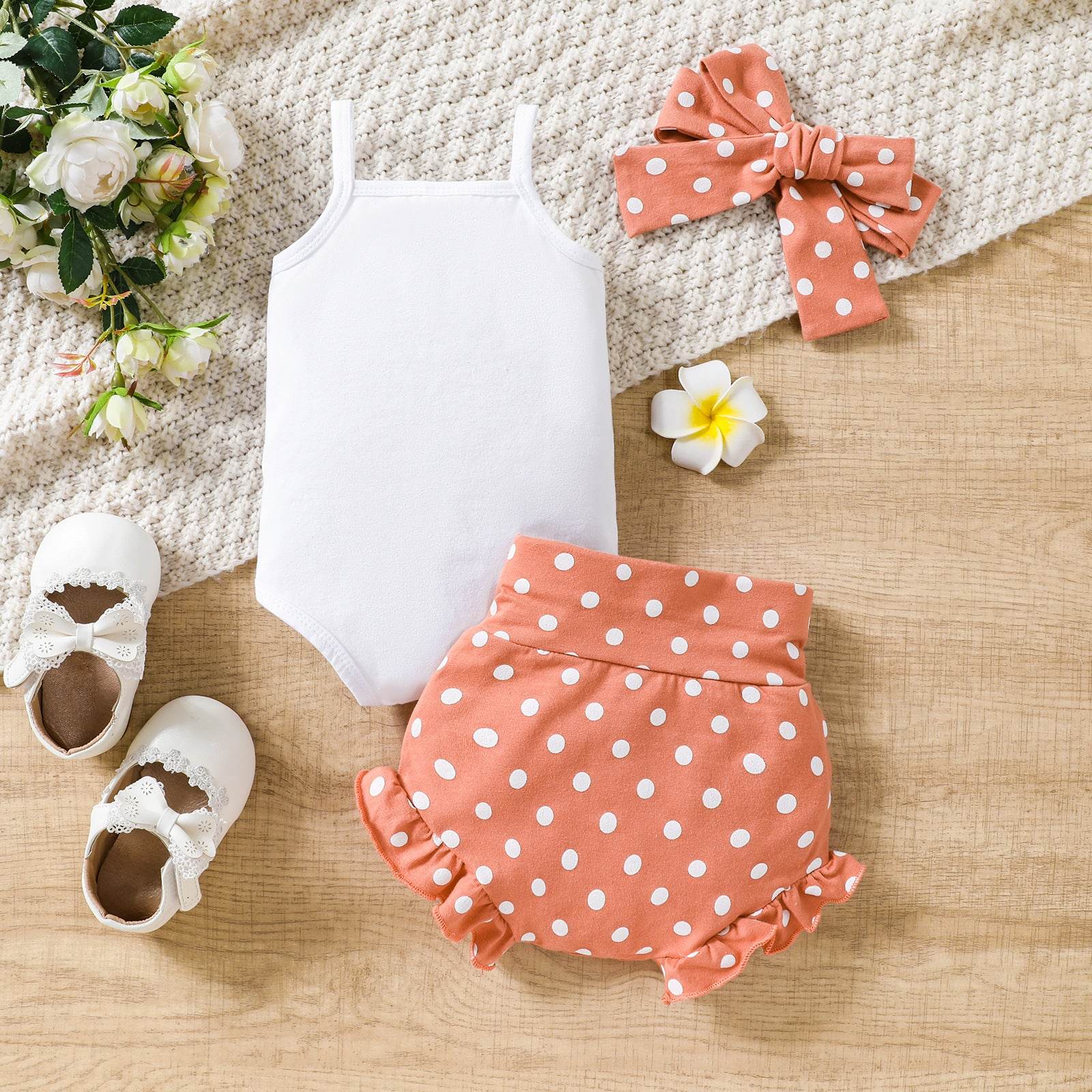 Baby Girl Rainbow Embroidered Slip Top Shorts Three-piece Set - Mubimart