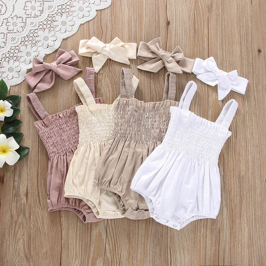 Baby Summer Jumpsuit Outfit Solid Color Ruched Toddler Girl - Mubimart