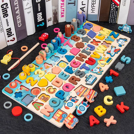 Baby Wooden Montessori Educational Toys Kids Early Learning Shape Color Math Matching Log Board Fishing Puzzle Count Number - Mubimart
