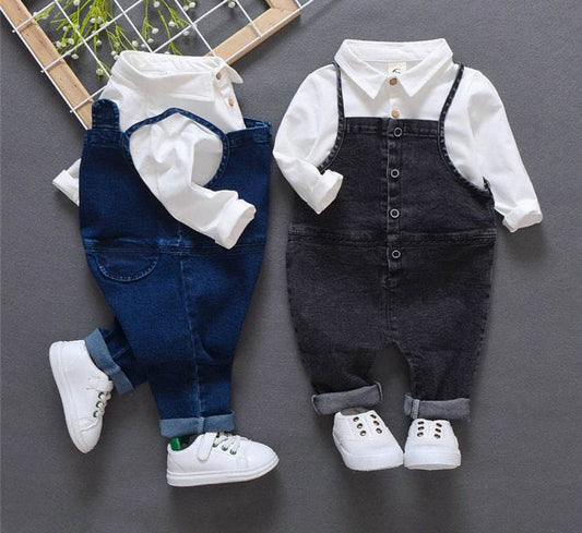 Baby autumn set 1 a 3 year old baby boom fall clothes Denim Bib two piece set of infants and young children. - Mubimart