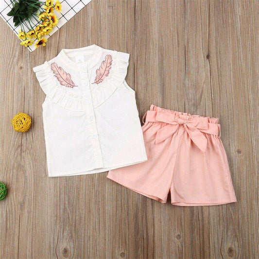 Baby lotus leaf collar sleeveless shorts 2-piece set - Mubimart