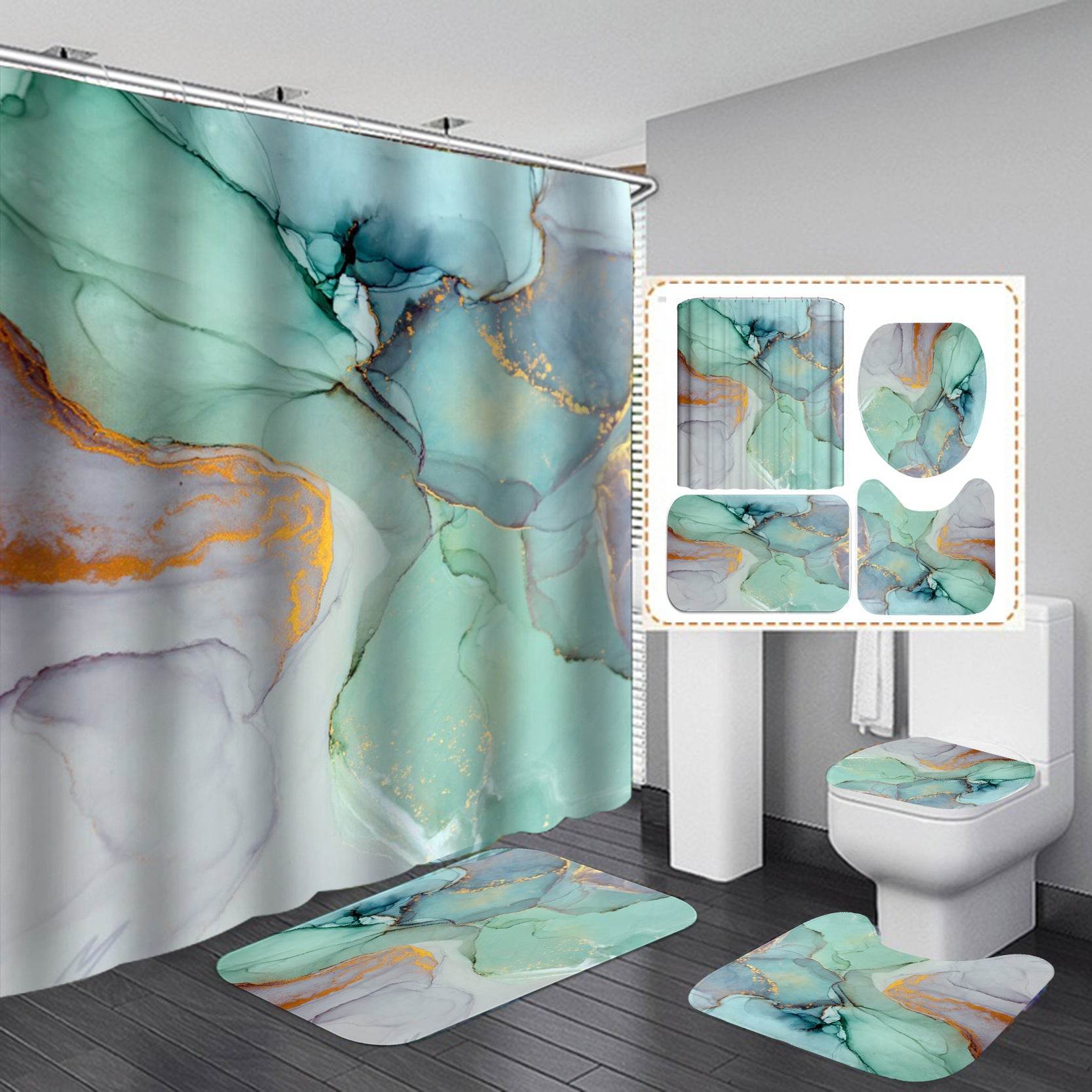 Beautiful Modern Shower Curtains 3D Bathroom Curtain Set Anti-slip Bath Mat Soft Carpet Water Absorption Rugs Home Decoration - Mubimart